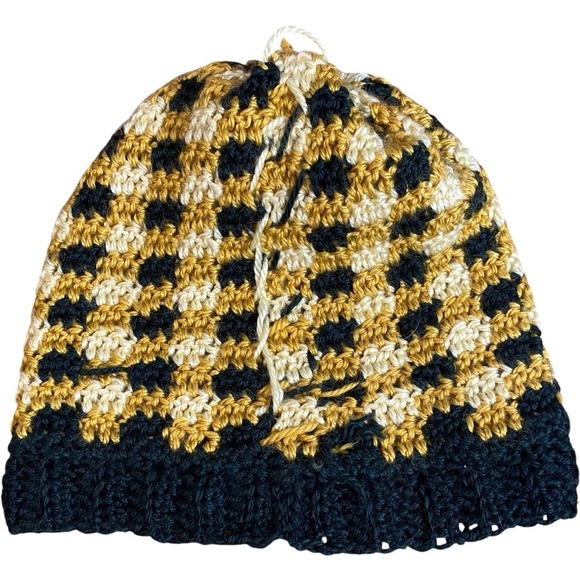 Handmade Gold, Tan, and Black Knit Beanie/Hat with Pom-Pom - Picture 5 of 6